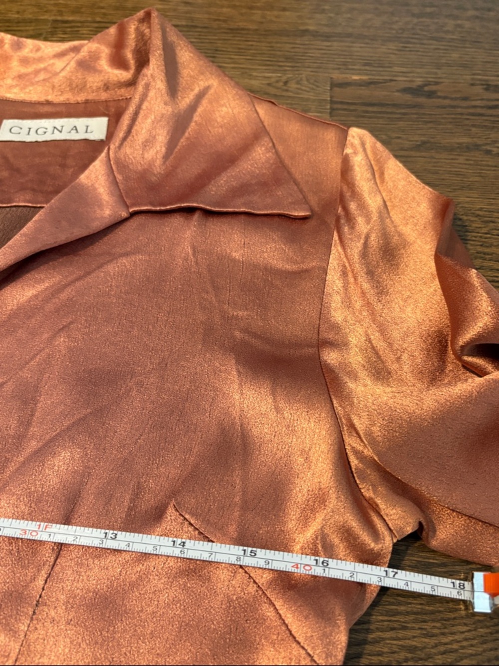 Cignal Copper Satin Blouse Size S Shimmer Button Front Long Sleeve Unique - Picture 11 of 12